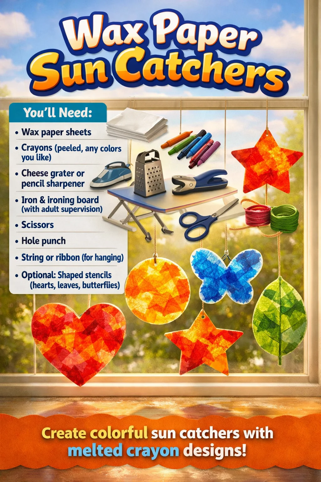 Colorful wax paper sun catchers hanging in a window, creating vibrant light patterns.