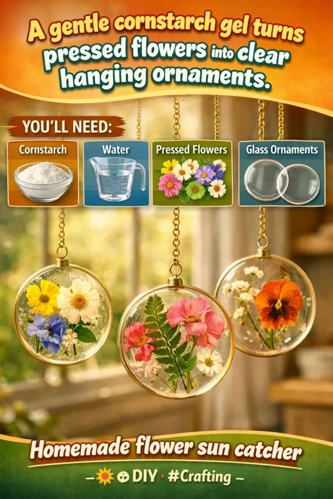 Clear hanging ornaments made from pressed flowers with cornstarch gel