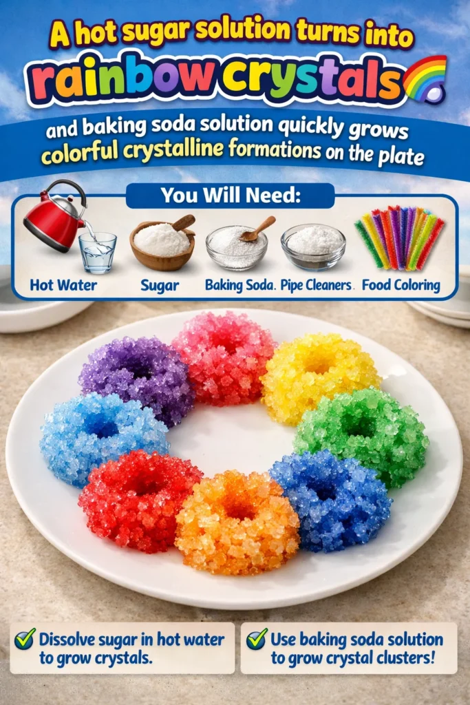 Colorful rainbow crystals formed from sugar and baking soda solutions