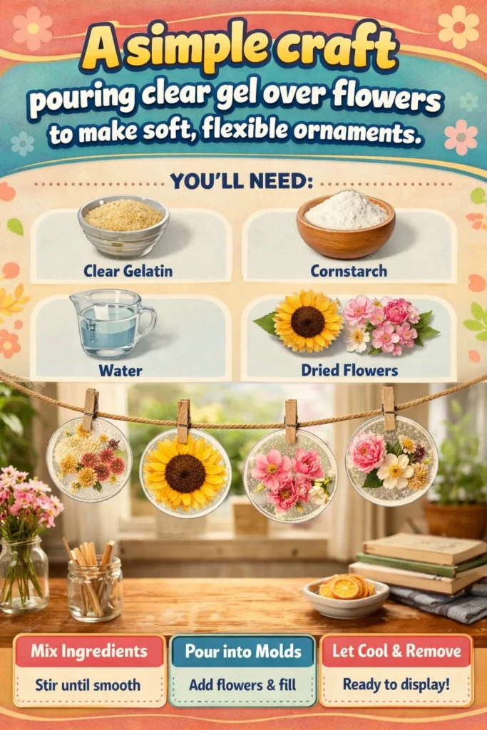 Beautiful gel ornaments made by pouring clear gel over flowers.