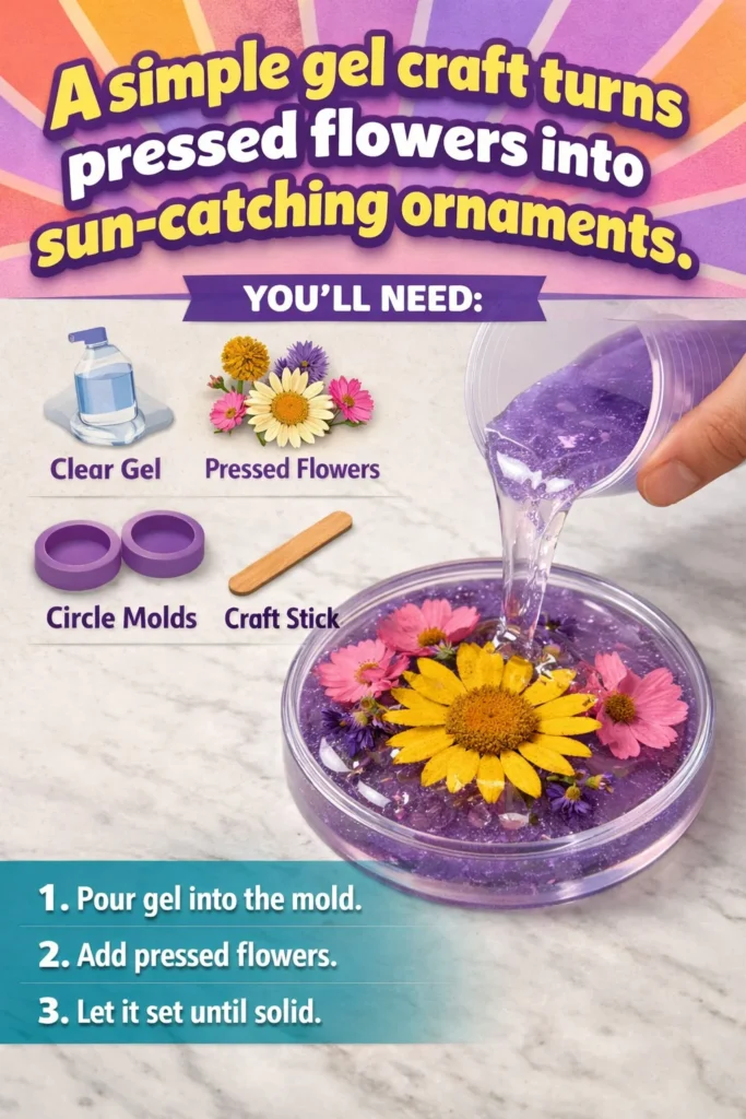 Sun-catching ornaments made with pressed flowers in a gel craft