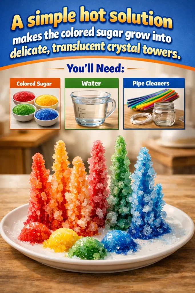 Delicate translucent crystal towers made from colored sugar