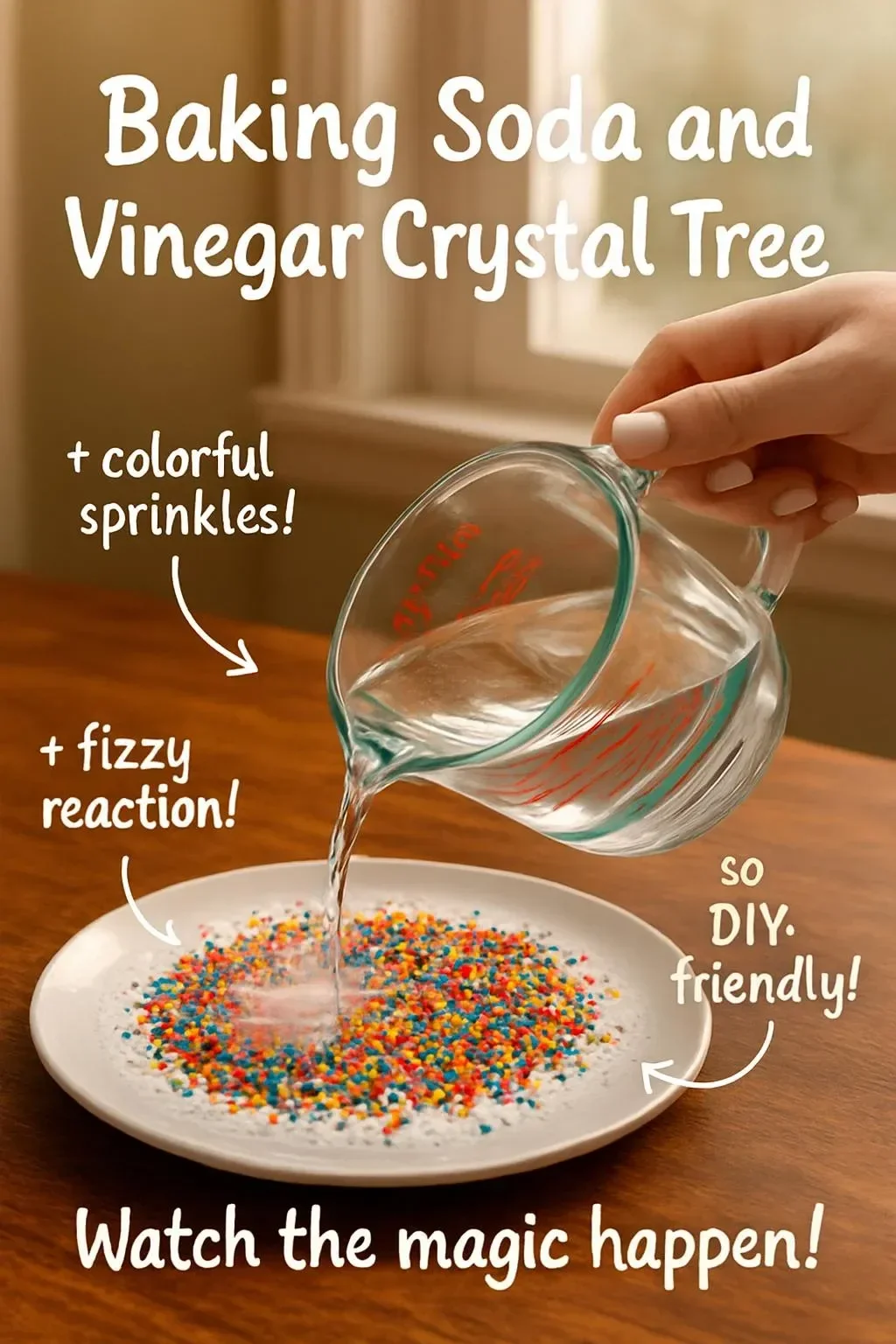 A beautiful crystal tree created with baking soda and vinegar, showcasing vibrant crystals.