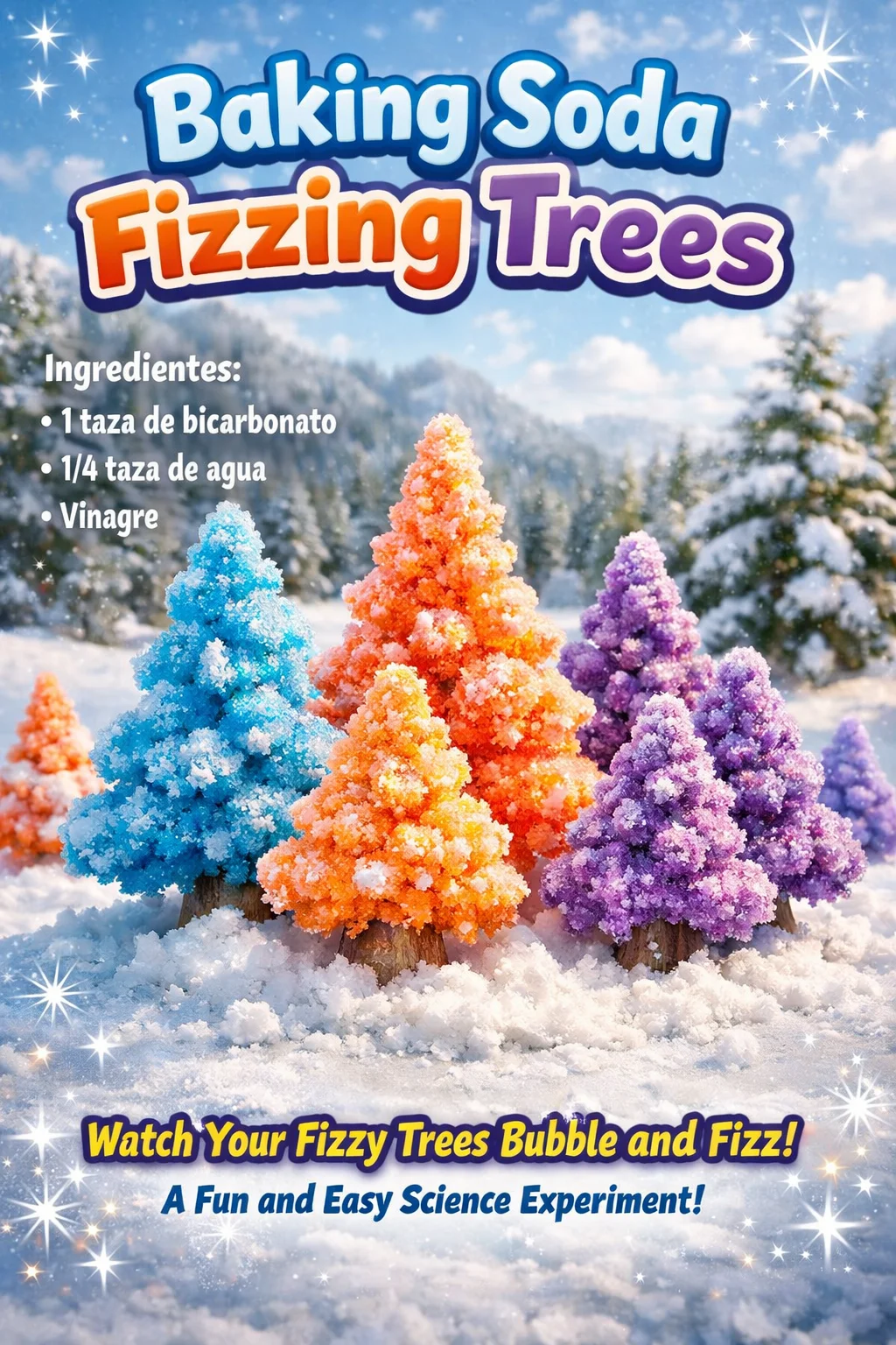 Colorful fizzing trees created with baking soda and vinegar for a fun science experiment