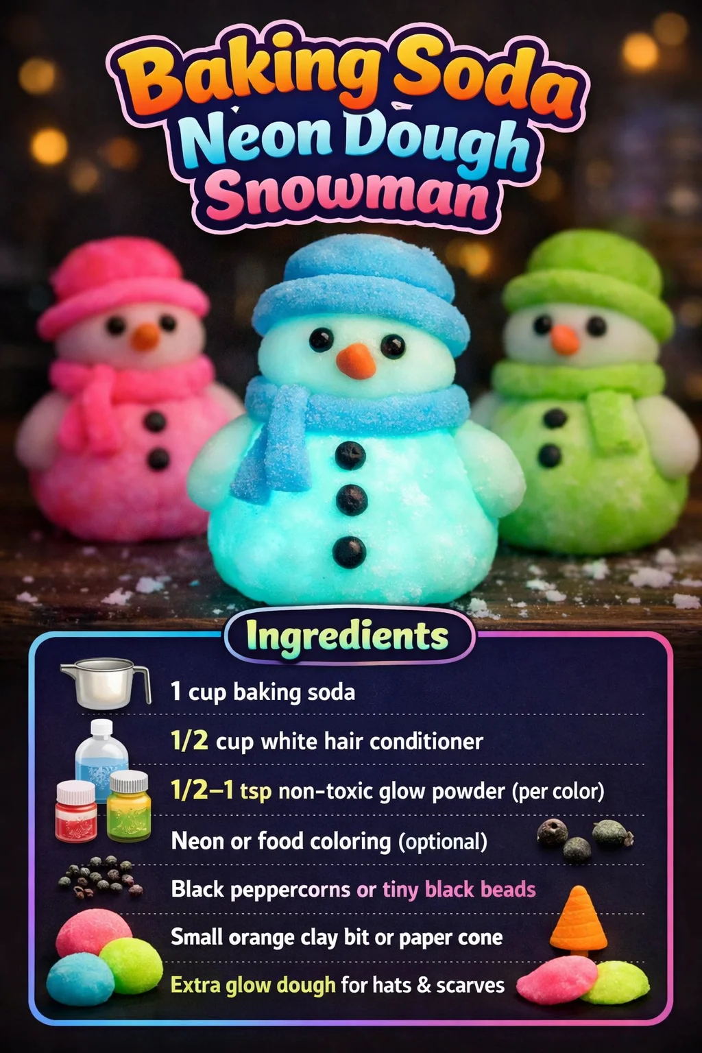 Colorful snowman made from neon dough with baking soda for holiday crafts.