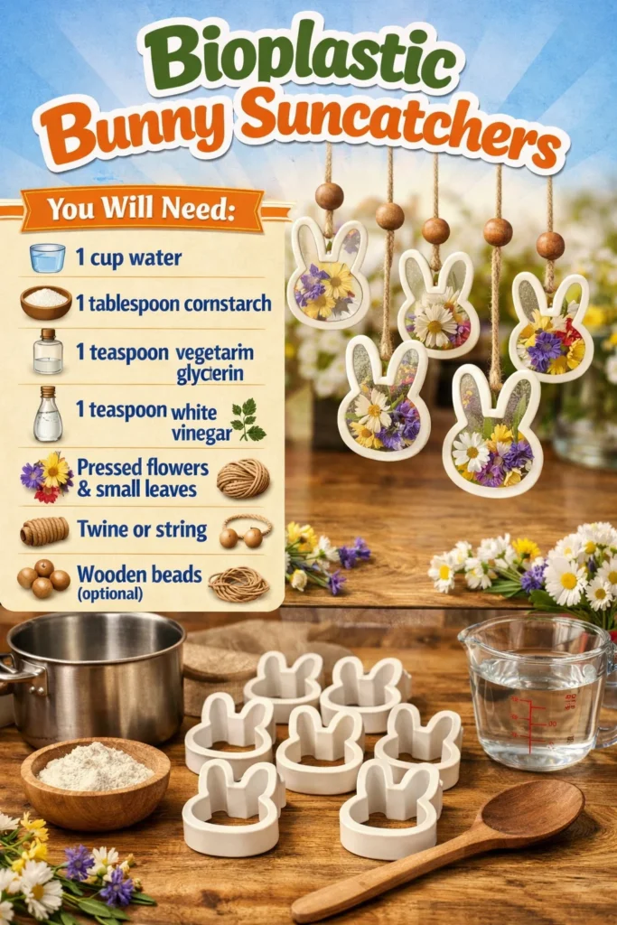 Colorful bioplastic bunny suncatchers hanging in a sunny window
