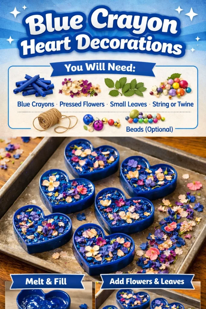 Blue crayon heart decorations for a vibrant touch in home decor