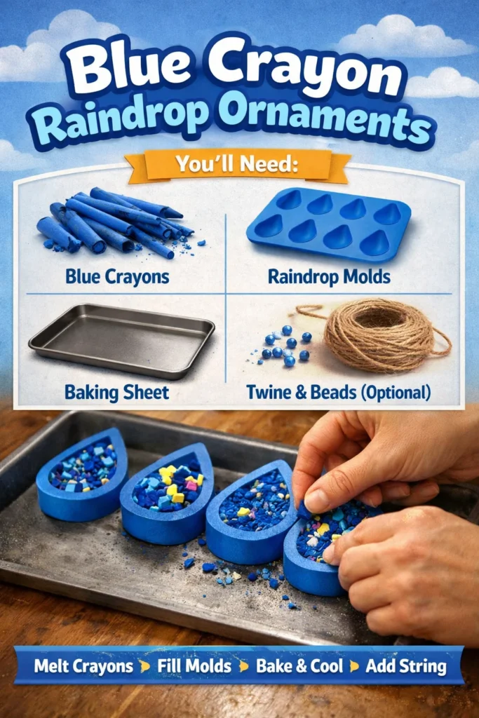 Handmade blue crayon raindrop ornaments for colorful holiday decoration