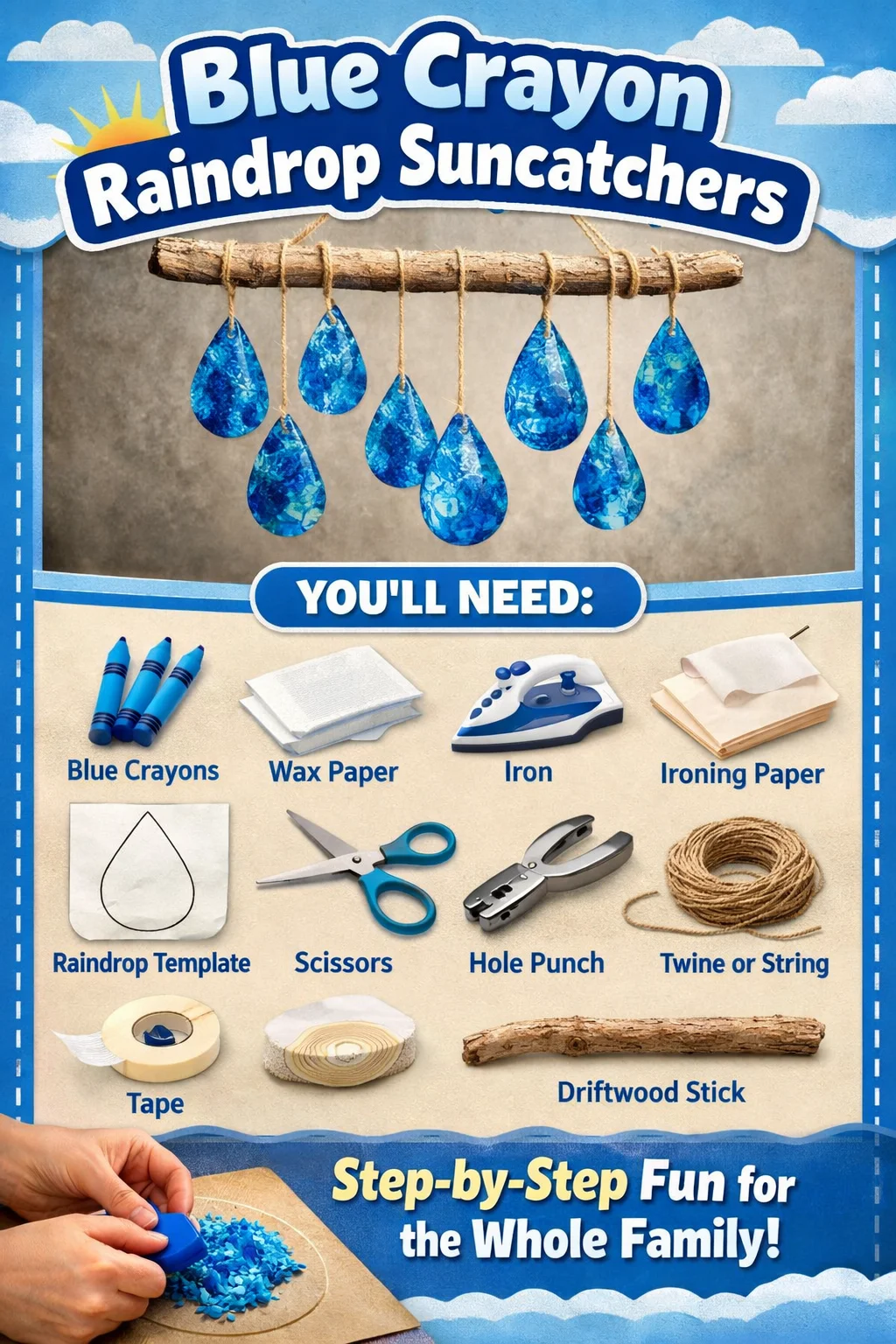 Blue Crayon Raindrop Suncatchers creating colorful light reflections