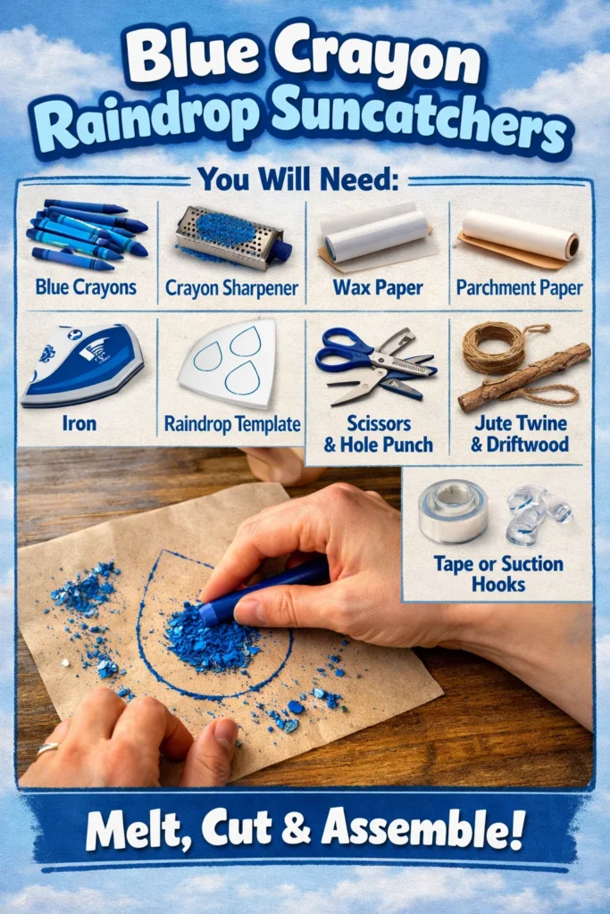Blue crayon raindrop suncatchers reflecting sunlight