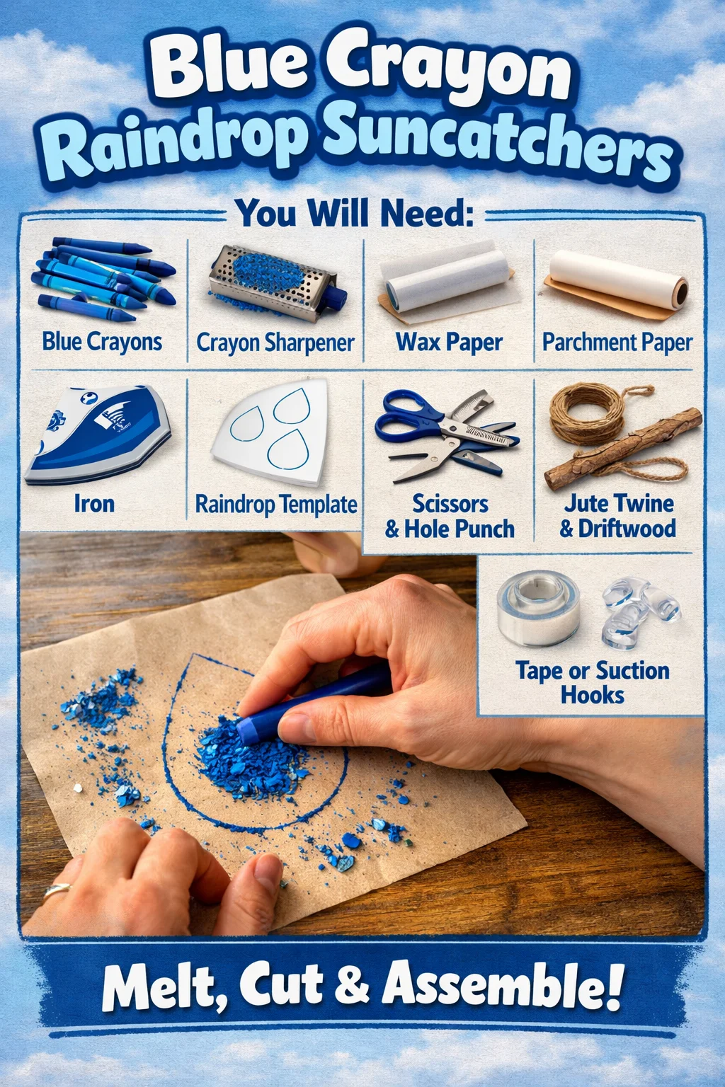 Blue crayon raindrop suncatchers reflecting sunlight