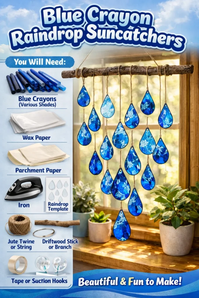 Colorful Blue Crayon Raindrop Suncatchers hanging in a sunny window