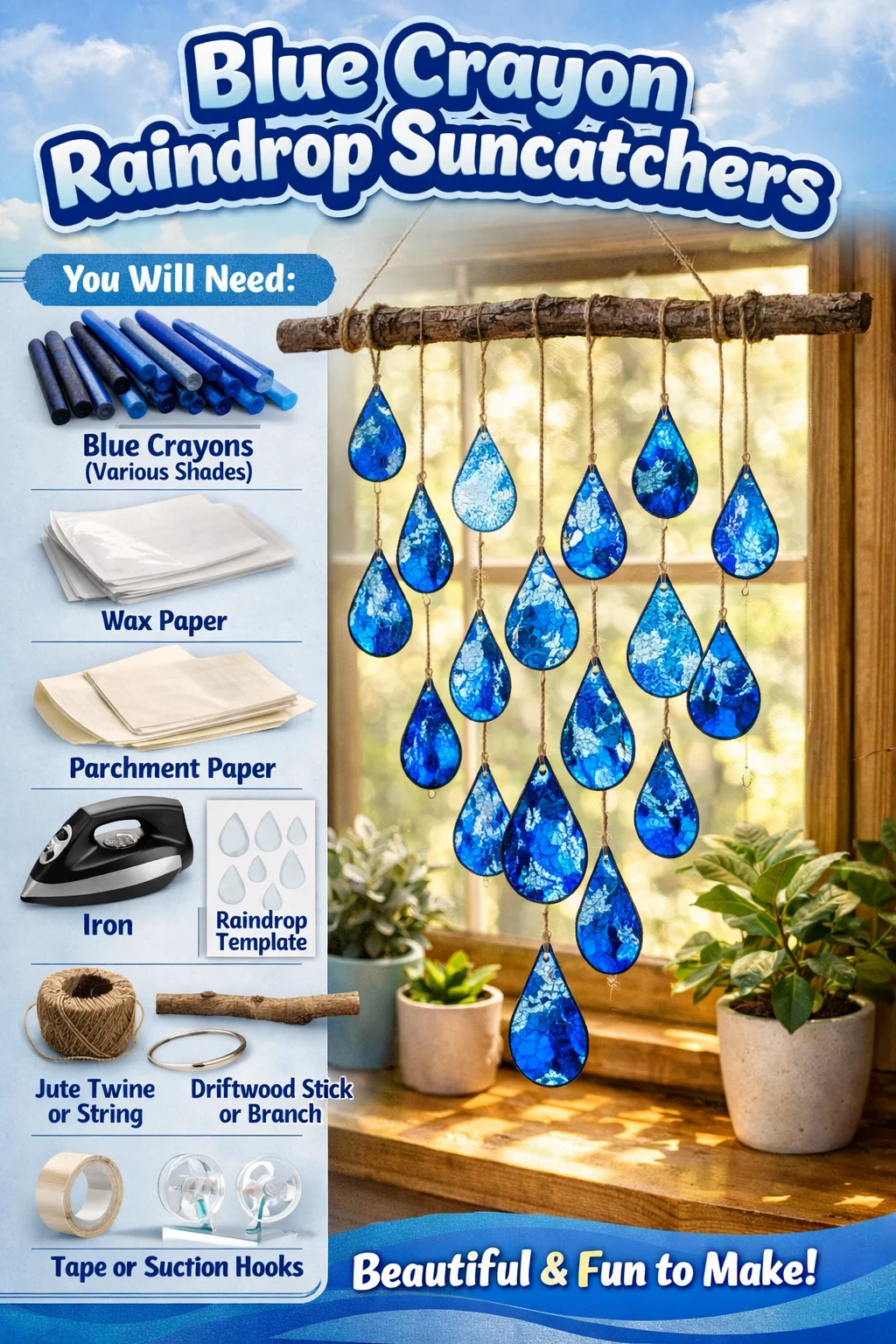 Colorful Blue Crayon Raindrop Suncatchers hanging in a sunny window