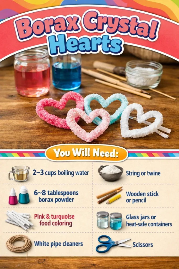 Beautiful Borax Crystal Hearts created through an easy DIY process