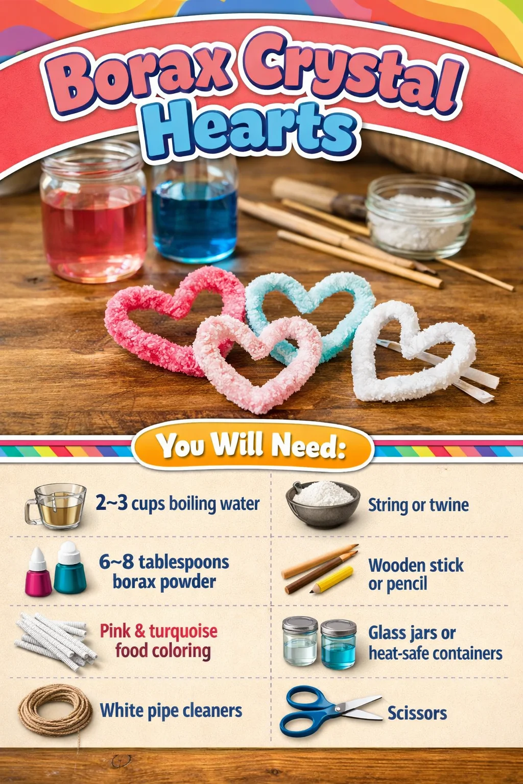 Beautiful Borax Crystal Hearts created through an easy DIY process