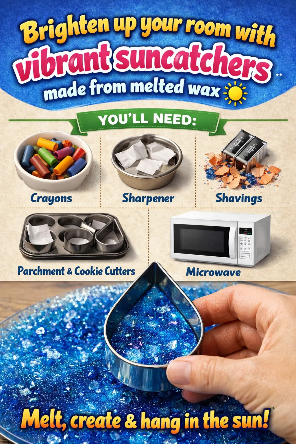 Vibrant suncatchers made from melted wax adding color to a bright room