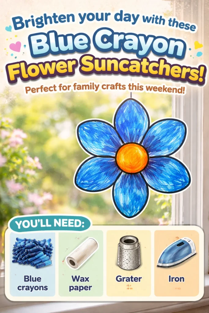 Colorful Blue Crayon Flower Suncatchers brightening up a sunny window