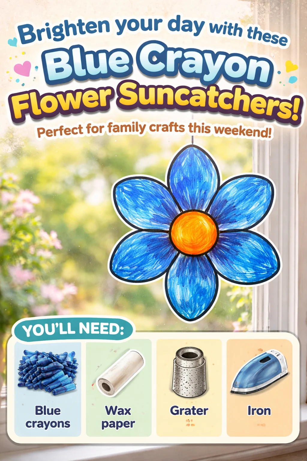 Colorful Blue Crayon Flower Suncatchers brightening up a sunny window