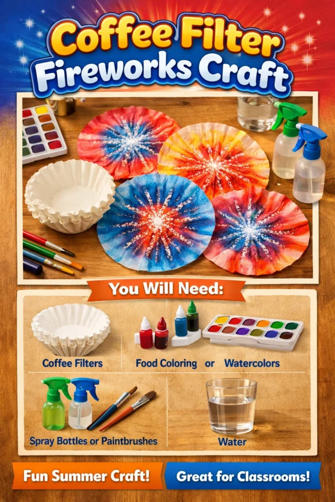 Colorful coffee filter fireworks craft project for kids and art enthusiasts