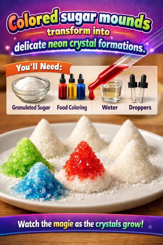 Vibrant neon crystal formations created from colored sugar mounds.