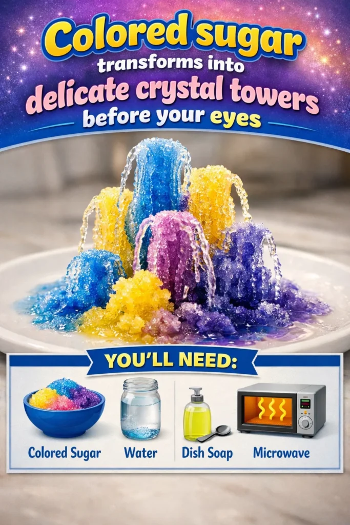 Colored sugar forming beautiful crystal towers in a stunning display.