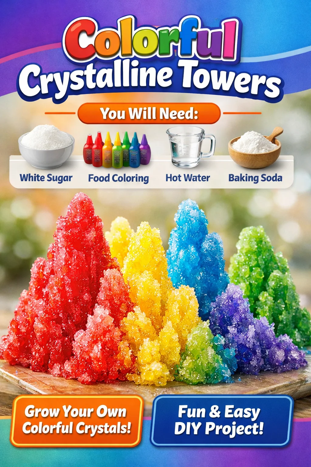 Colorful crystalline towers reflecting light in a dazzling array of colors.