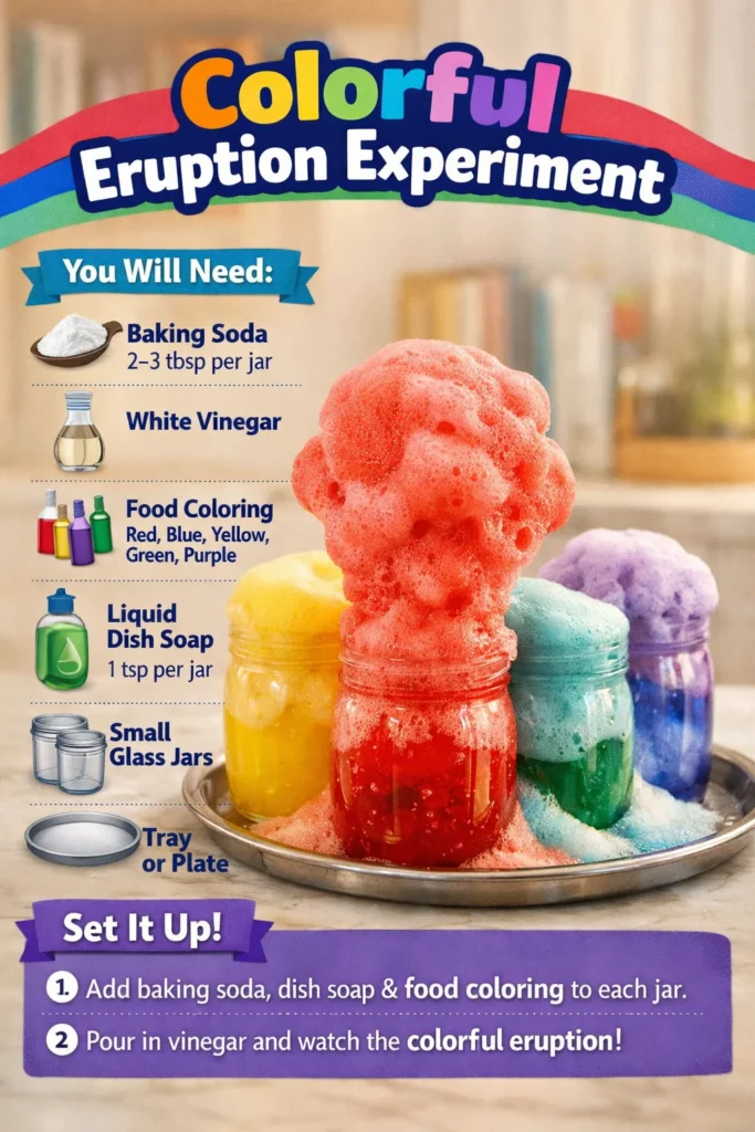 Colorful eruption experiment demonstrating a fun science activity.