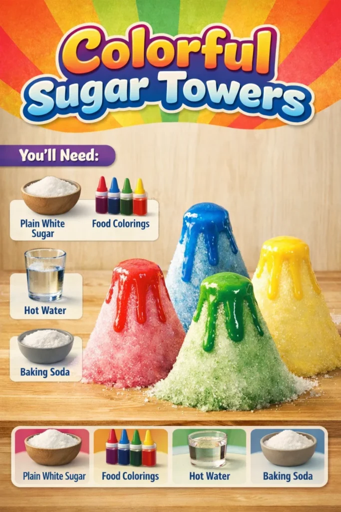 Colorful sugar towers decorated for dessert table displays and celebrations