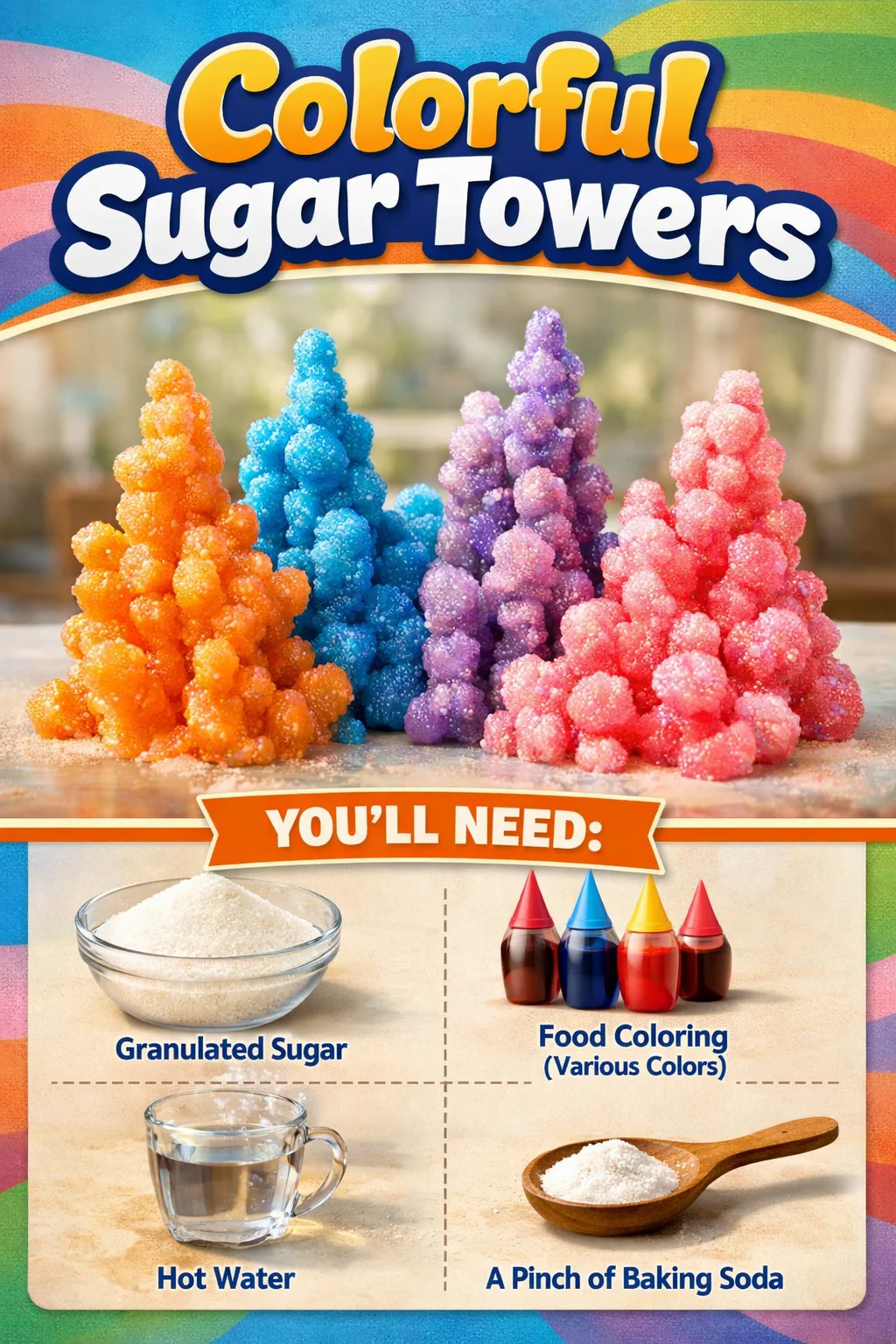 Colorful sugar towers in various shades, perfect for festive desserts.