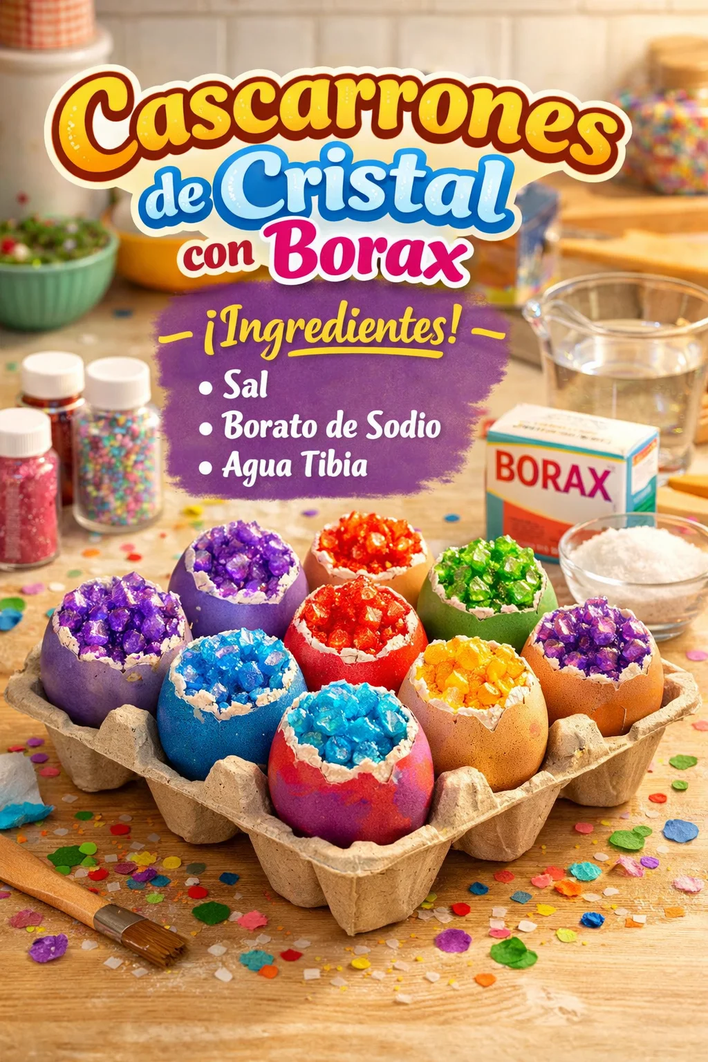 Colorful Crystal Gems formed in eggshells using borax solution