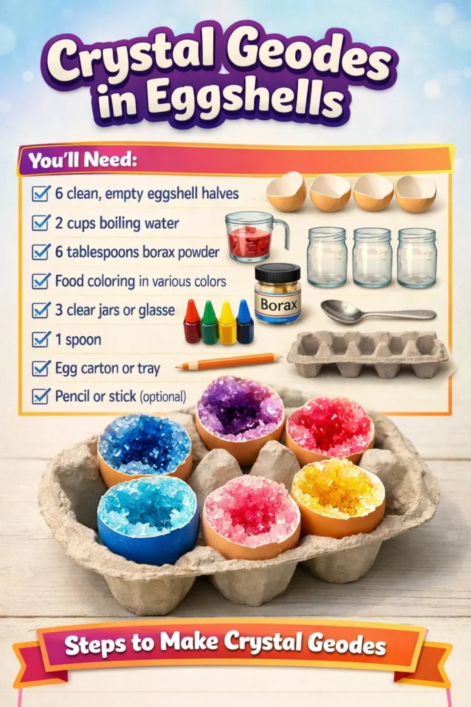 Colorful crystal geodes growing in delicate eggshells