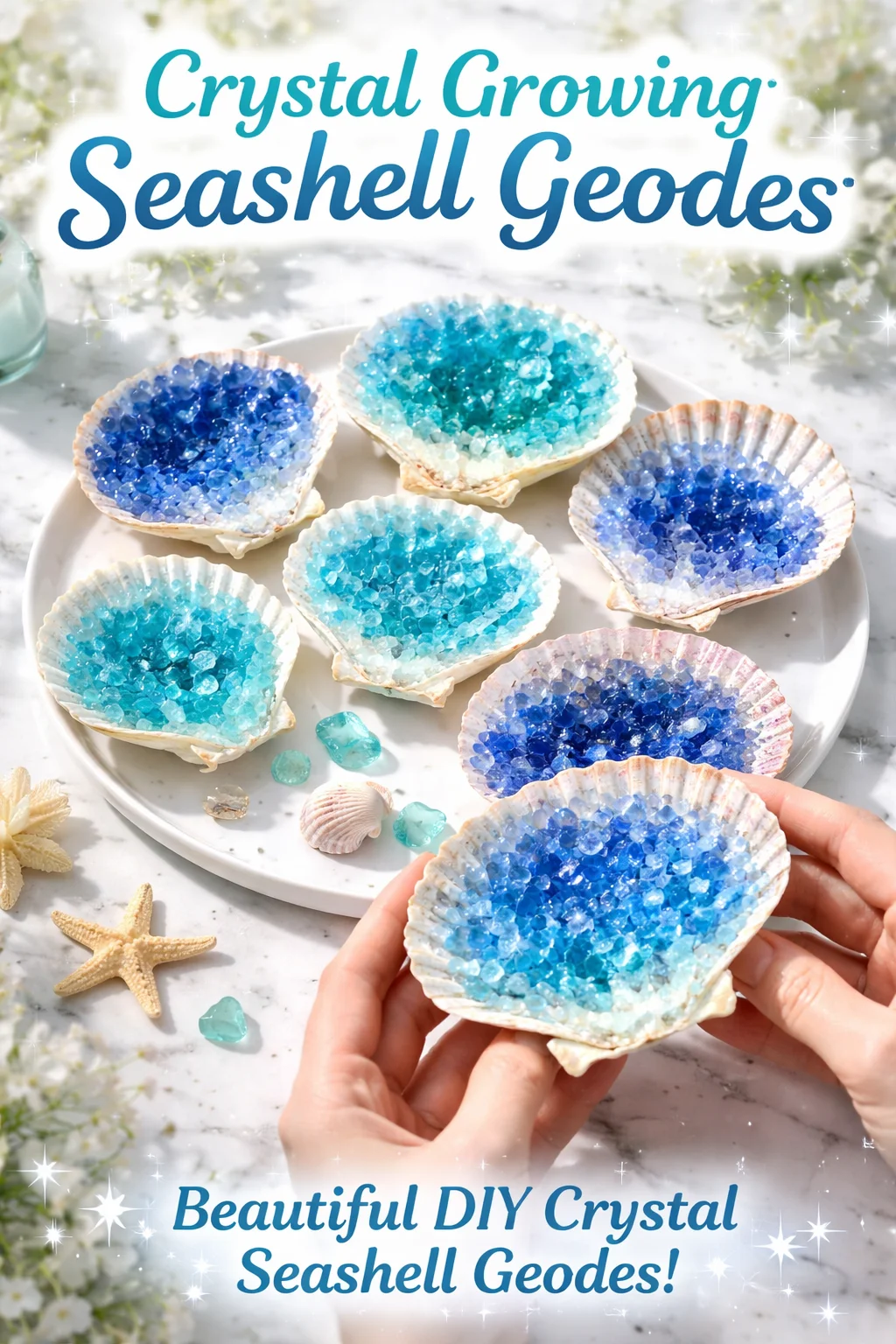 Crystal growing seashell geodes kit showcasing beautiful natural formations.