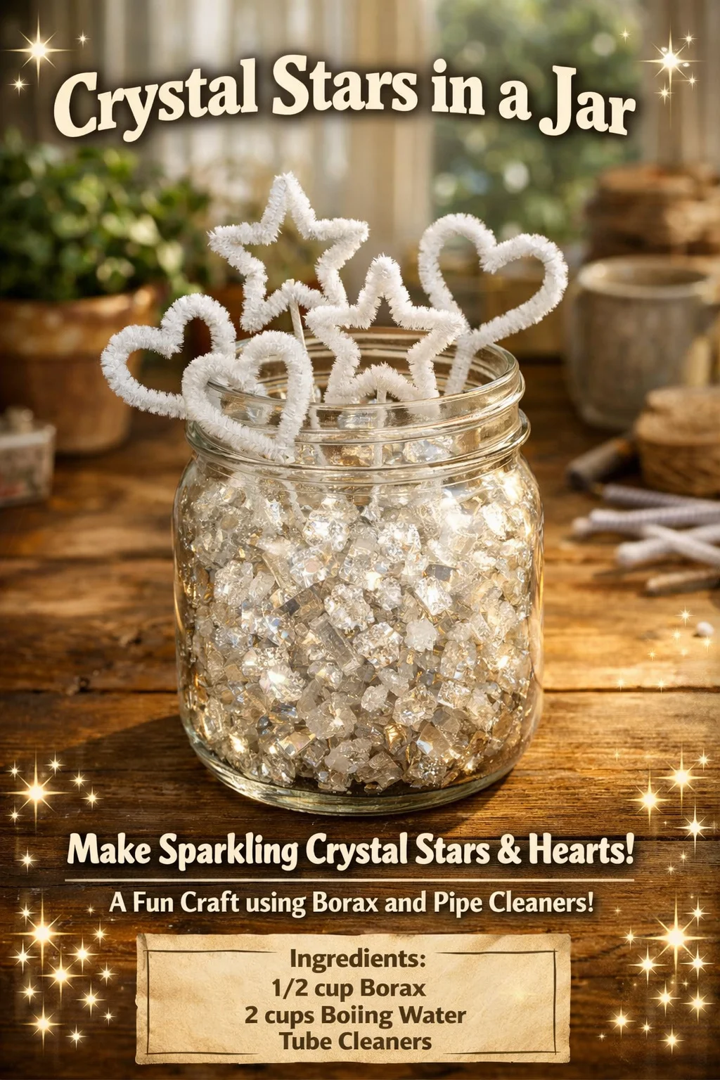 A jar filled with sparkling crystal stars, creating a magical decor element.
