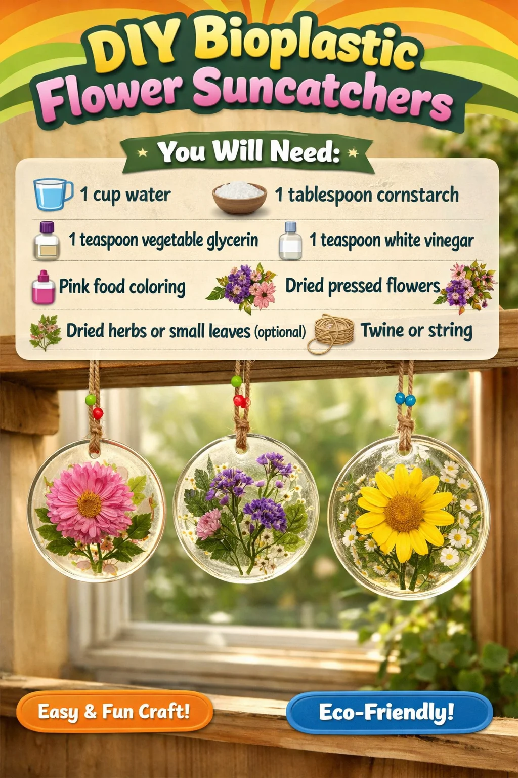 DIY bioplastic flower suncatchers hanging in sunlight