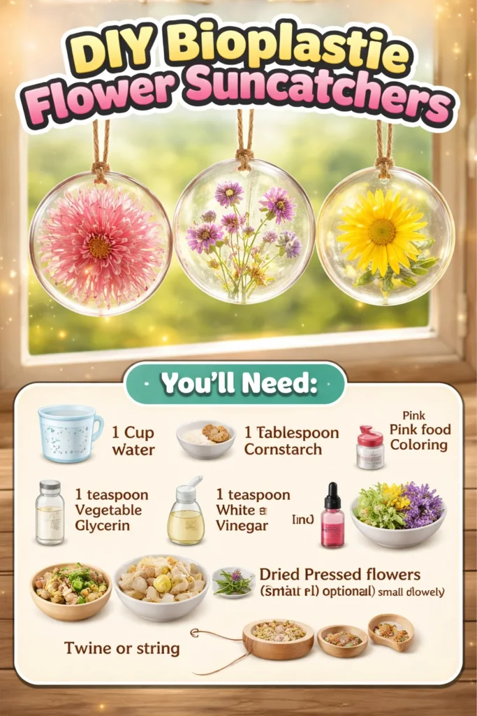 Colorful DIY bioplastic flower suncatchers catching sunlight