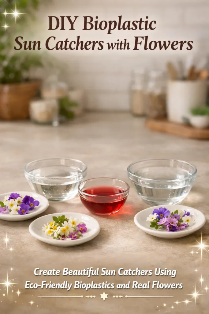 DIY bioplastic sun catchers featuring colorful pressed flowers.
