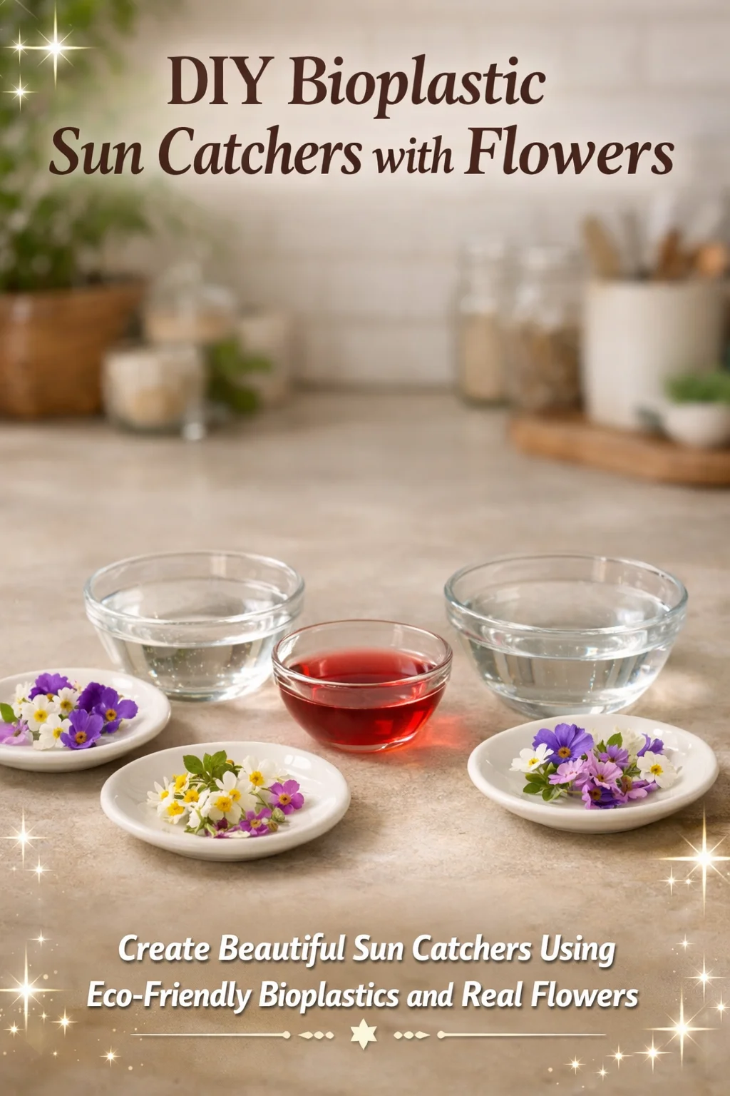 DIY bioplastic sun catchers featuring colorful pressed flowers.