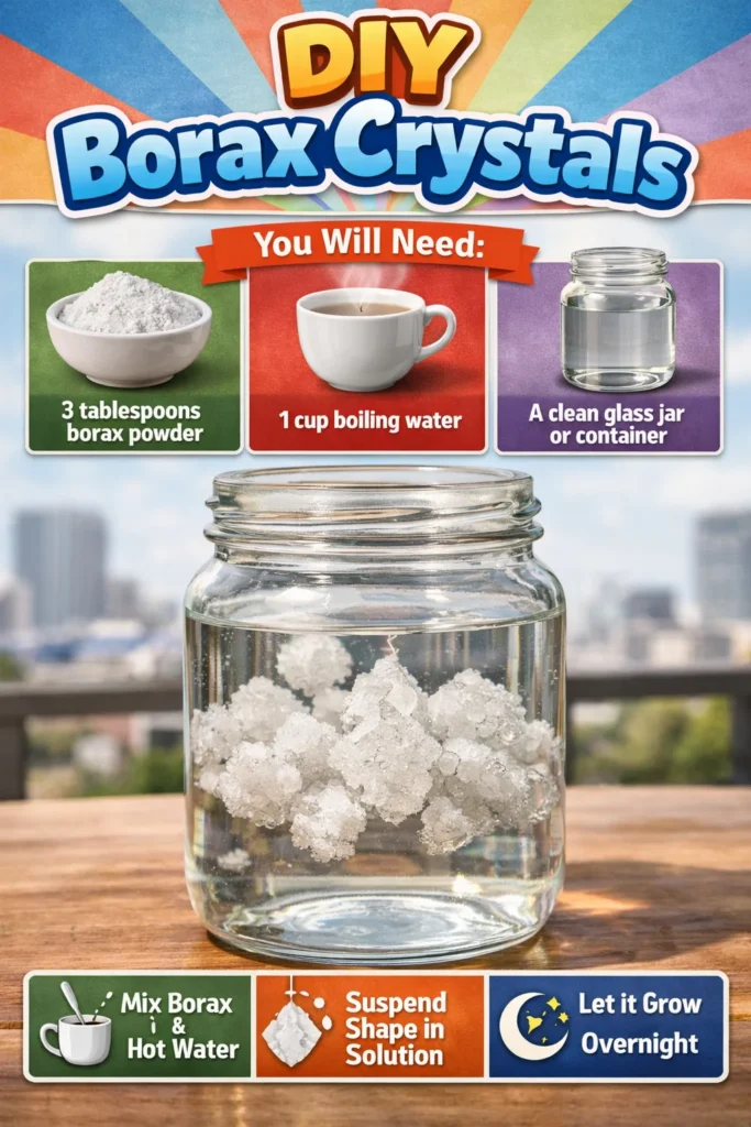 DIY Borax Crystals formed in a clear glass jar with vibrant colors