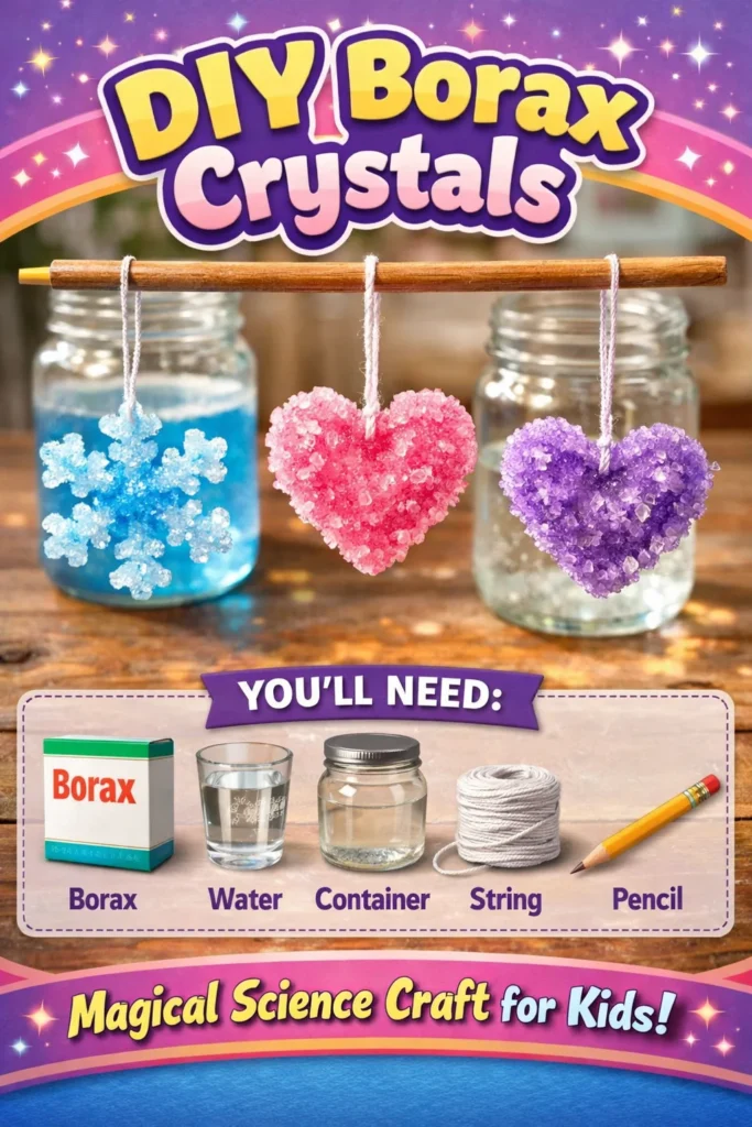 A colorful display of DIY Borax Crystals formed in various shapes.
