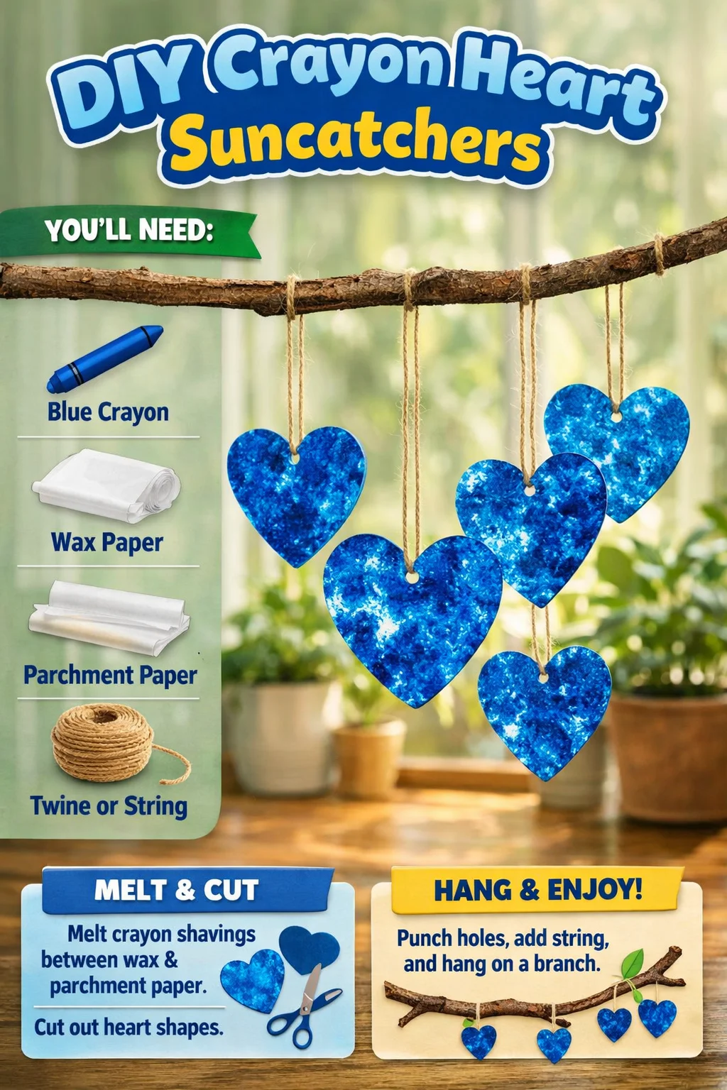 DIY crayon heart suncatchers hanging in a window