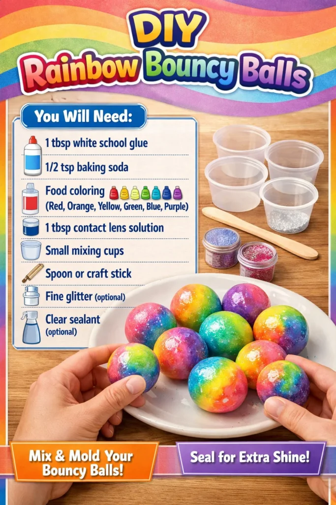 Vibrant DIY rainbow bouncy balls made from colorful materials.