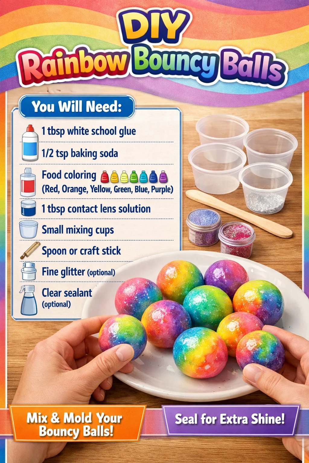 Vibrant DIY rainbow bouncy balls made from colorful materials.