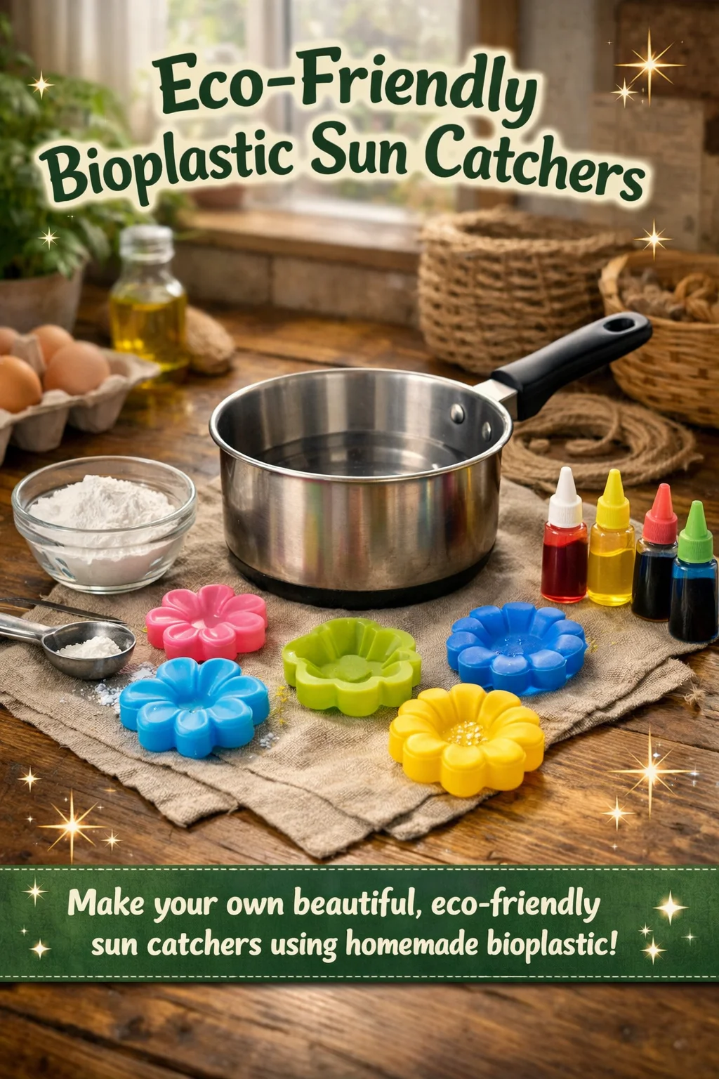 Eco-friendly bioplastic sun catchers in various colors hanging by a window.