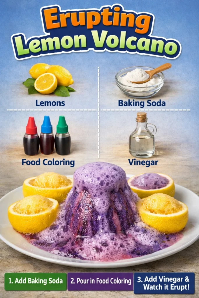 Erupting lemon volcano experiment showcasing vibrant citrus explosion.