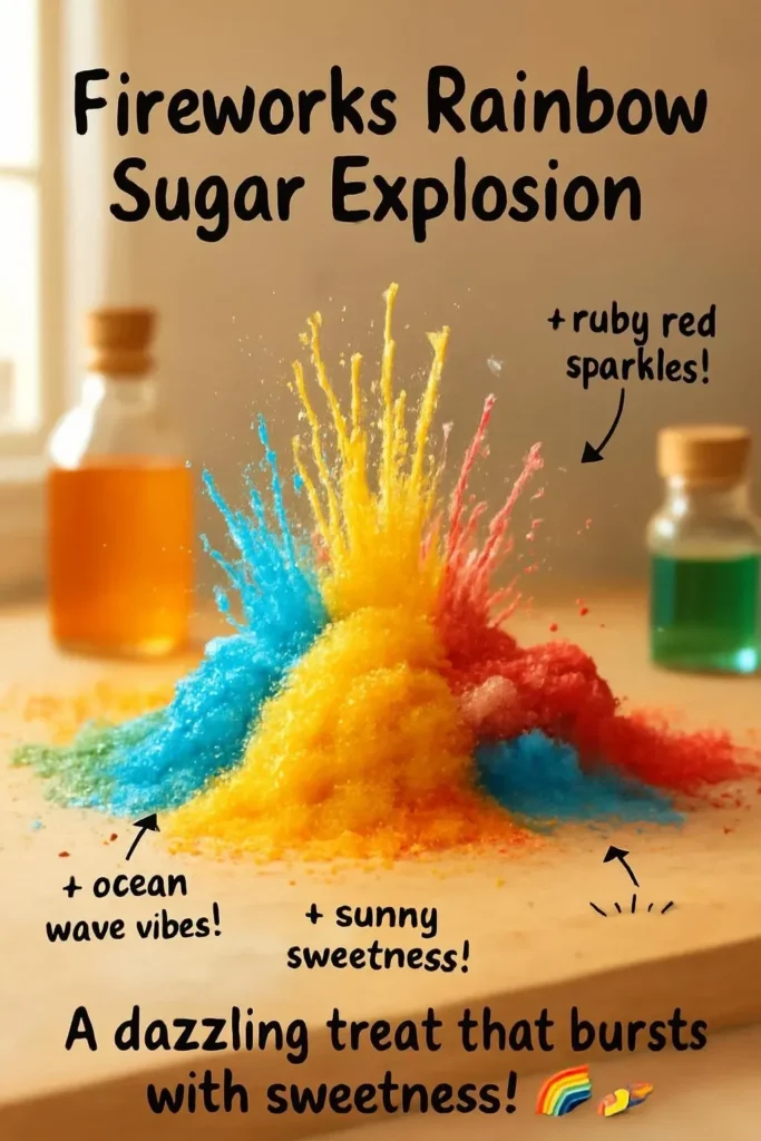 Fireworks display in vibrant colors resembling a Rainbow Sugar Explosion