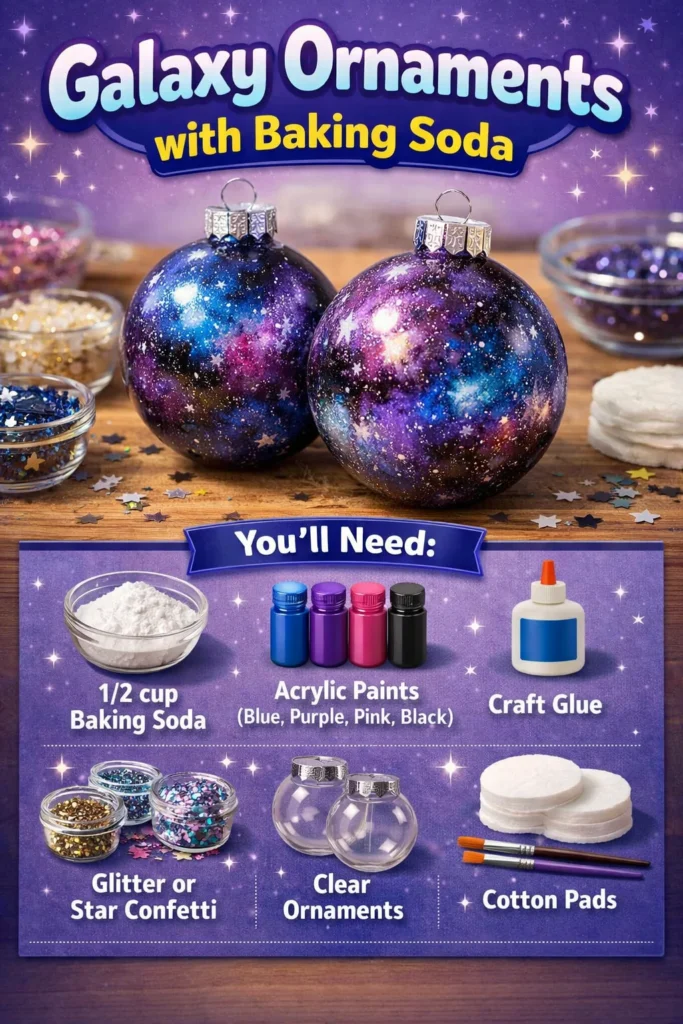 Colorful homemade galaxy ornaments crafted with baking soda