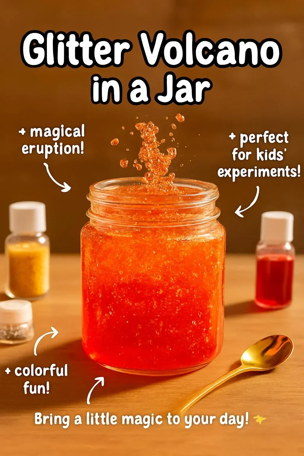 DIY Glitter Volcano in a Jar project with colorful glitter and effervescent eruptions