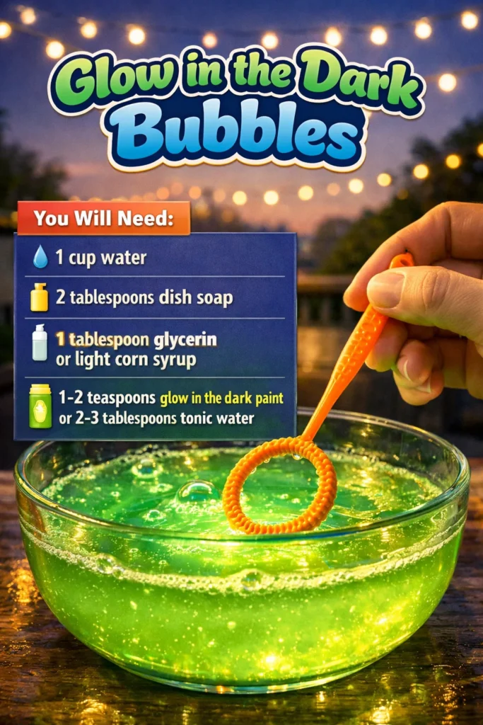 Colorful glow in the dark bubbles glowing in a dark environment.