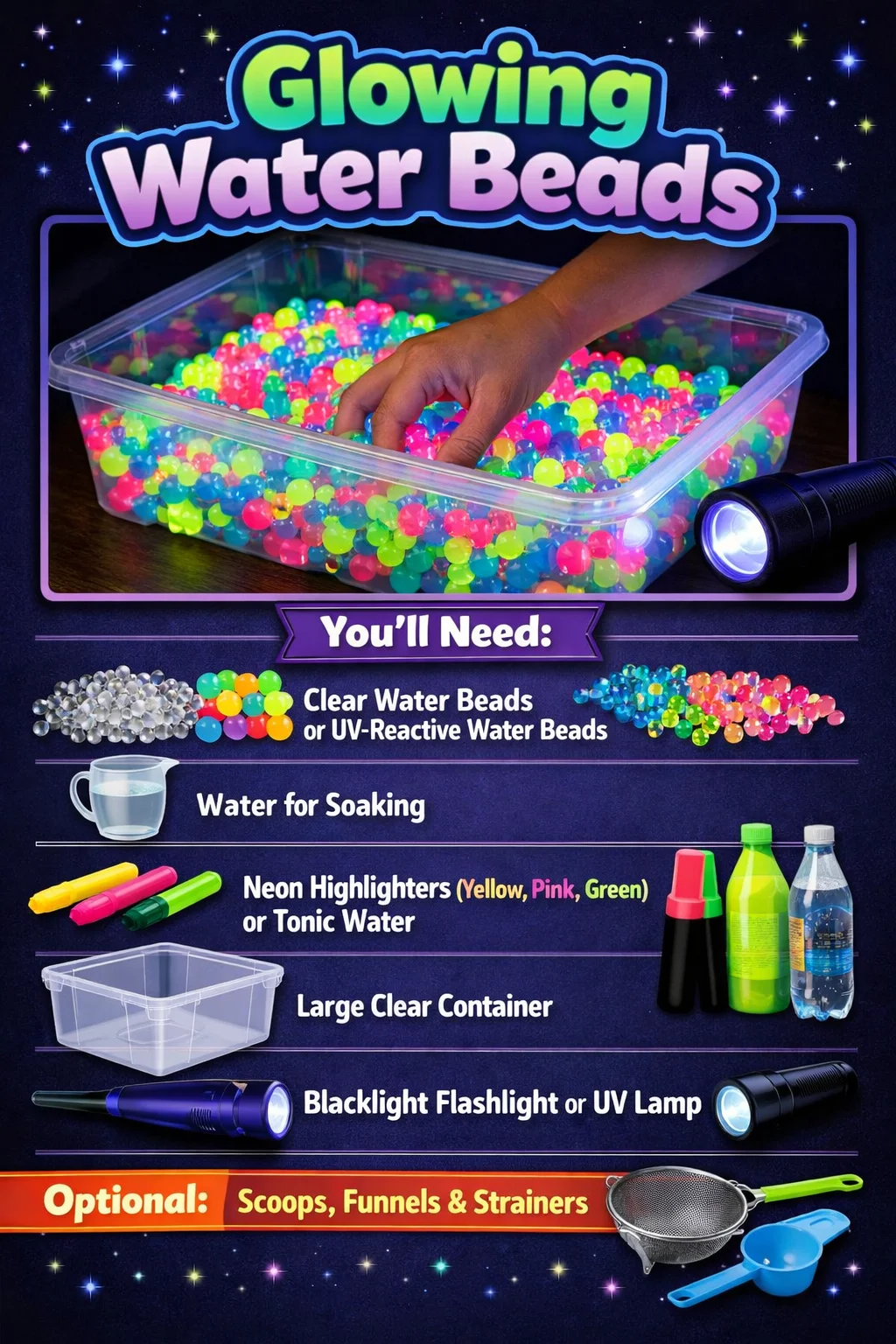Colorful glowing water beads for sensory play and decoration