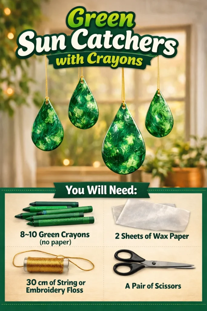 Colorful green sun catchers made with crayons for vibrant home decor.
